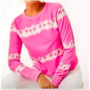 Lilly Pulitzer Gayl Sweatshirt Women Medium Plumeria Pink Palm Trees **FLAW